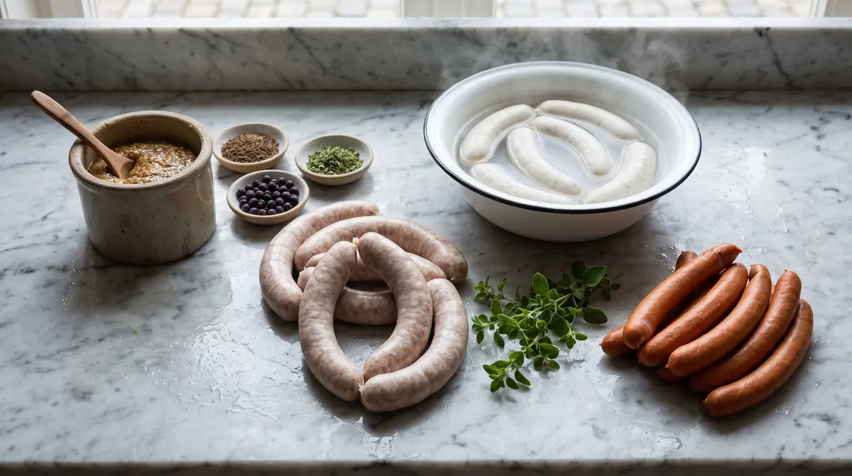 Raw Bratwurst coils and Weisswurst in hot water on a German butcher's marble counter, with coarse mustard, caraway, juniper and marjoram