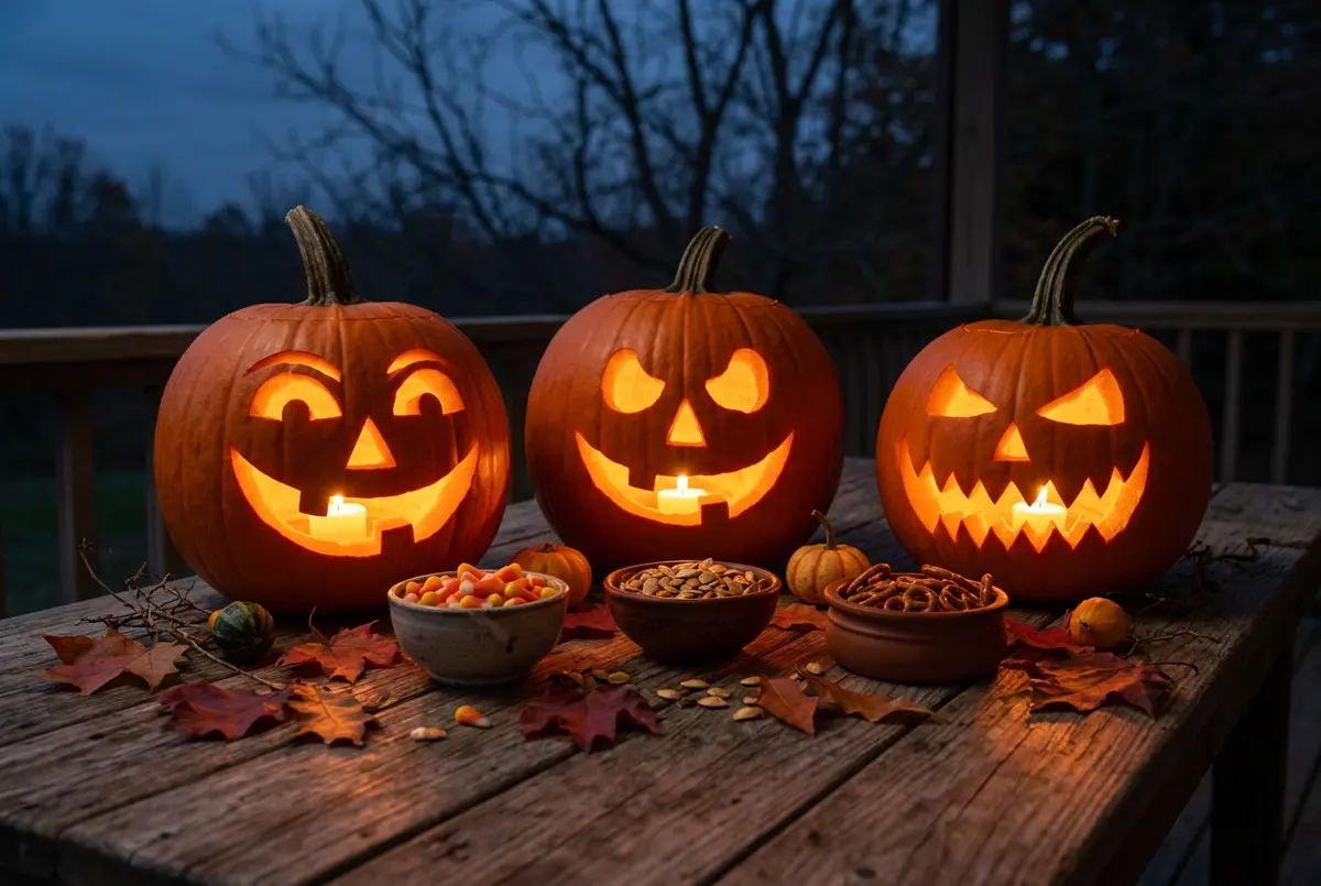 Three lit jack-o'-lanterns on a weathered porch table at dusk, with bowls of candy corn, roasted pumpkin seeds and pretzels among autumn leaves