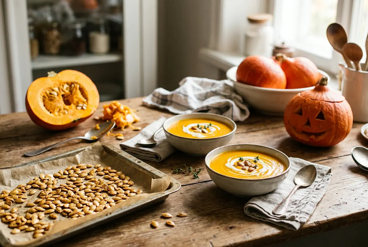 A tray of roasted pumpkin seeds beside two bowls of pumpkin soup, a halved Hokkaido squash and a small carved squash on a sunlit kitchen table