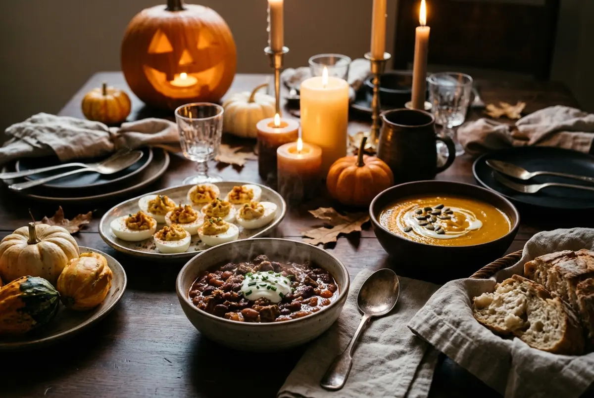 A candlelit table with a bowl of chili topped with sour cream, deviled eggs, pumpkin soup and bread, with a jack-o'-lantern behind