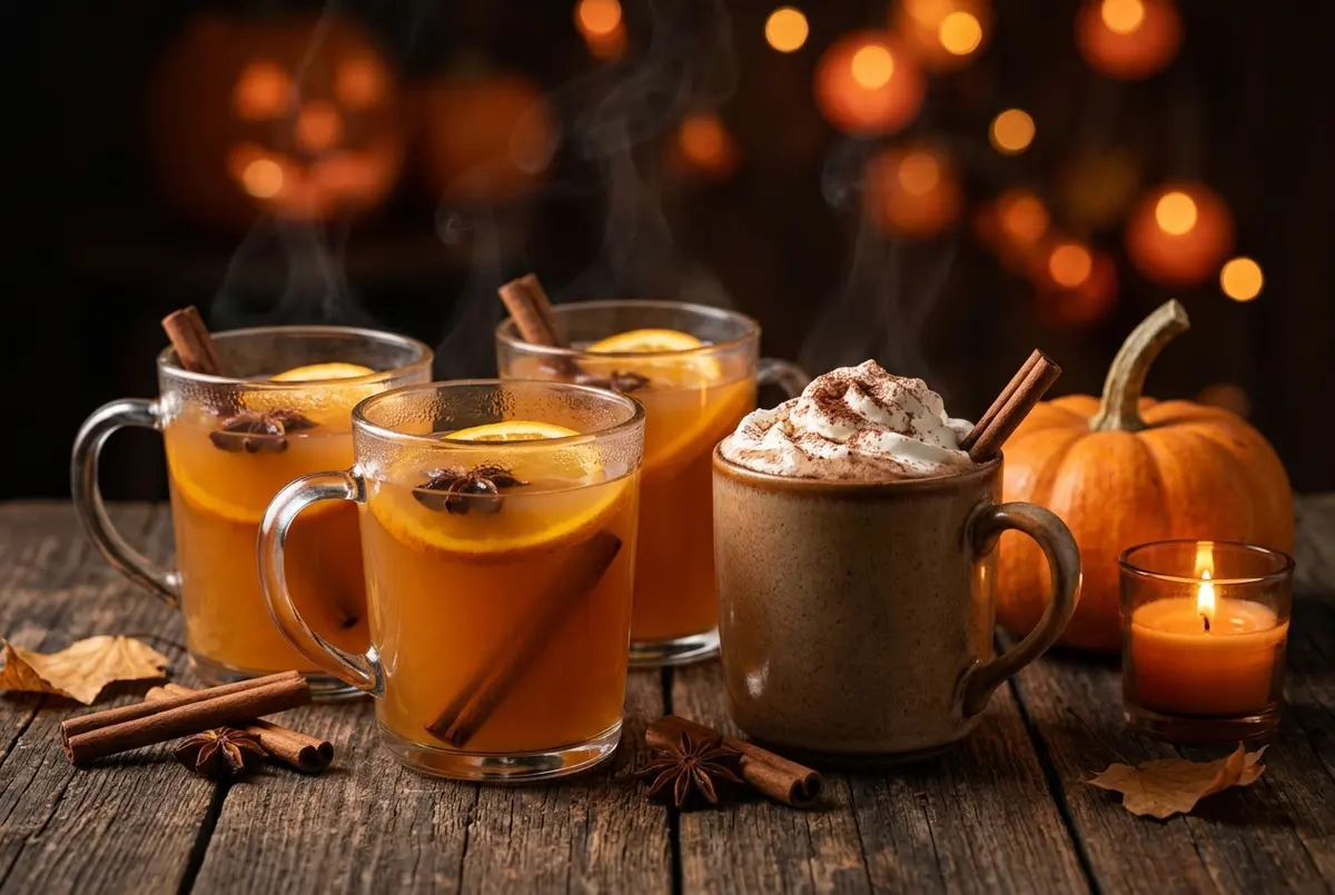 Glass mugs of a hot amber spiced drink with orange slices, cinnamon and star anise, a mug topped with whipped cream, and a pumpkin on a wooden table