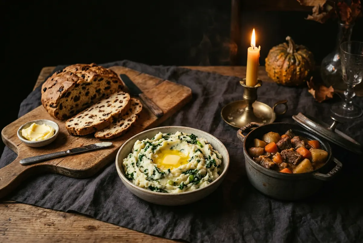 A candlelit table with a bowl of colcannon under melted butter, sliced barmbrack on a wooden board, a dish of butter and a pot of Irish stew