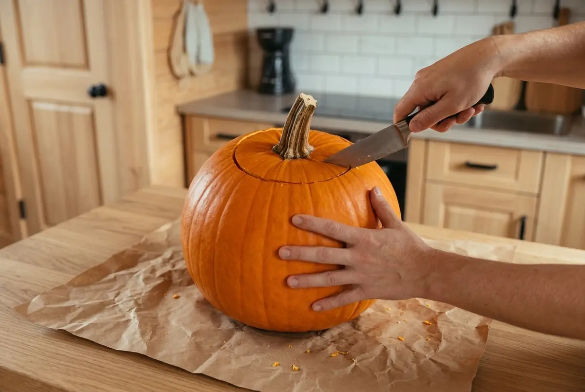 One hand cuts a lid around the stem of an orange pumpkin with a kitchen knife while the other steadies it, on kraft paper on a light oak table