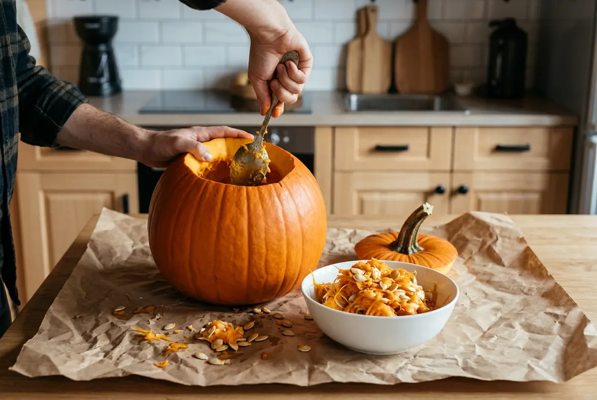 One hand steadies an open pumpkin while the other scrapes out pulp with a spoon, a bowl of seeds and strings and the cut lid on kraft paper