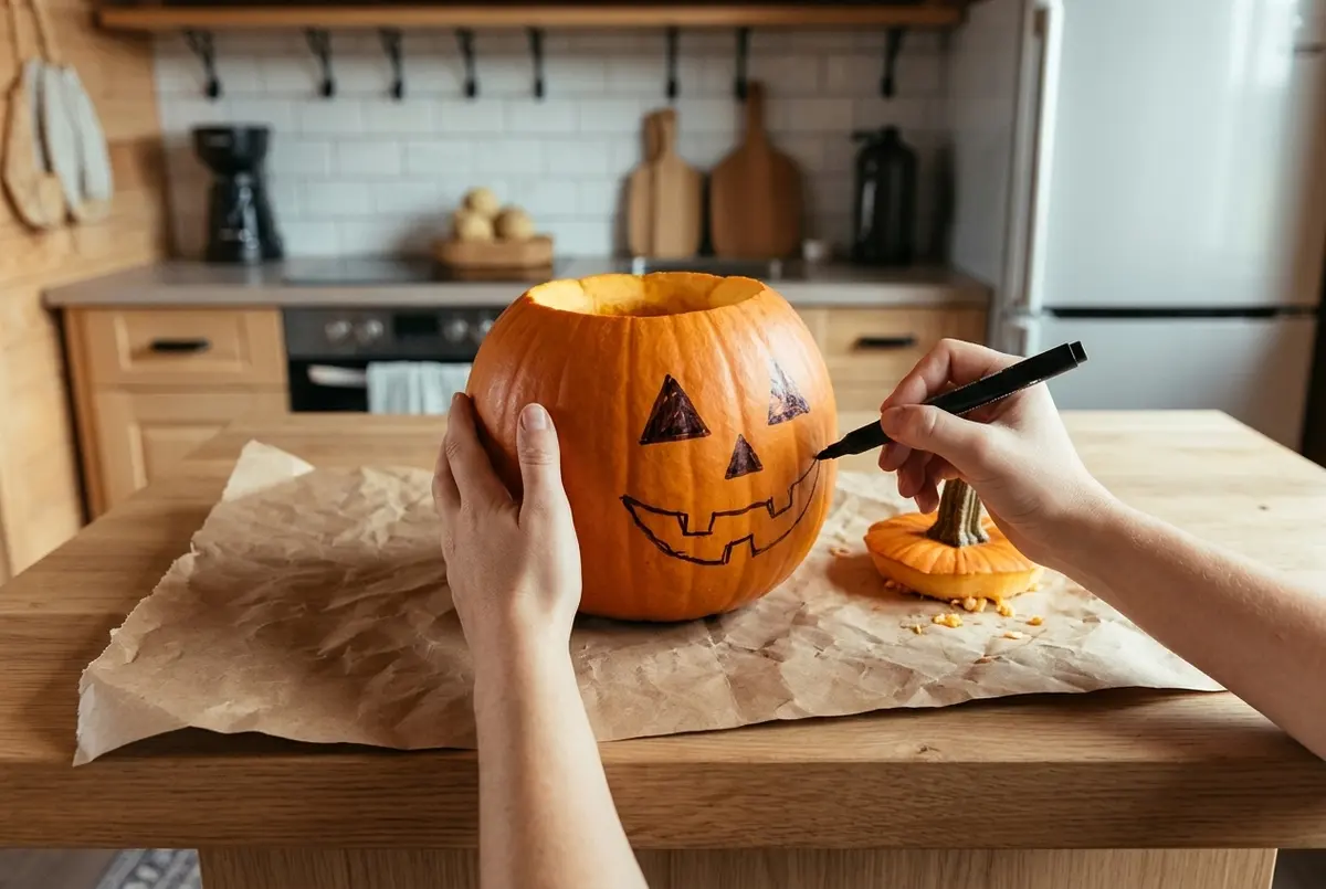 One hand holds a hollowed pumpkin while the other draws a jagged grin under triangle eyes and nose with a black marker, the stem lid on kraft paper