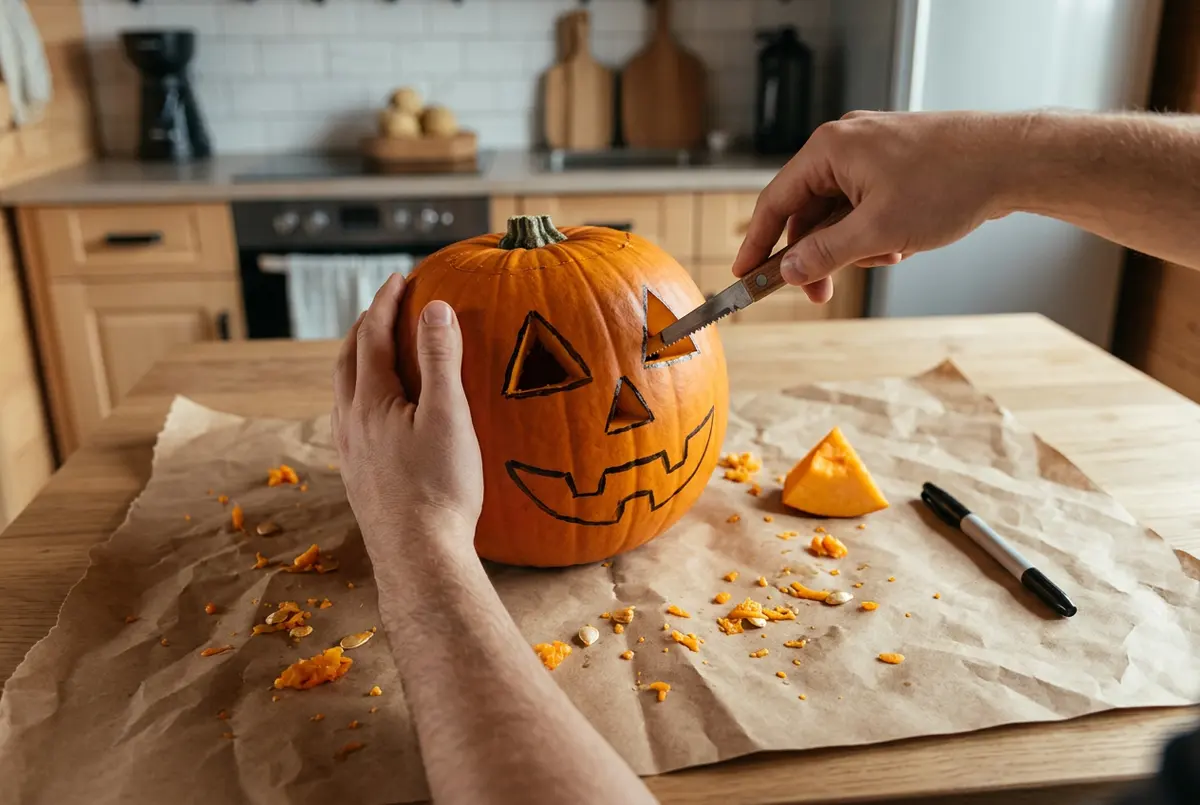 One hand braces the pumpkin while the other cuts out a triangle eye with a small serrated carving saw, orange scraps and a marker on kraft paper