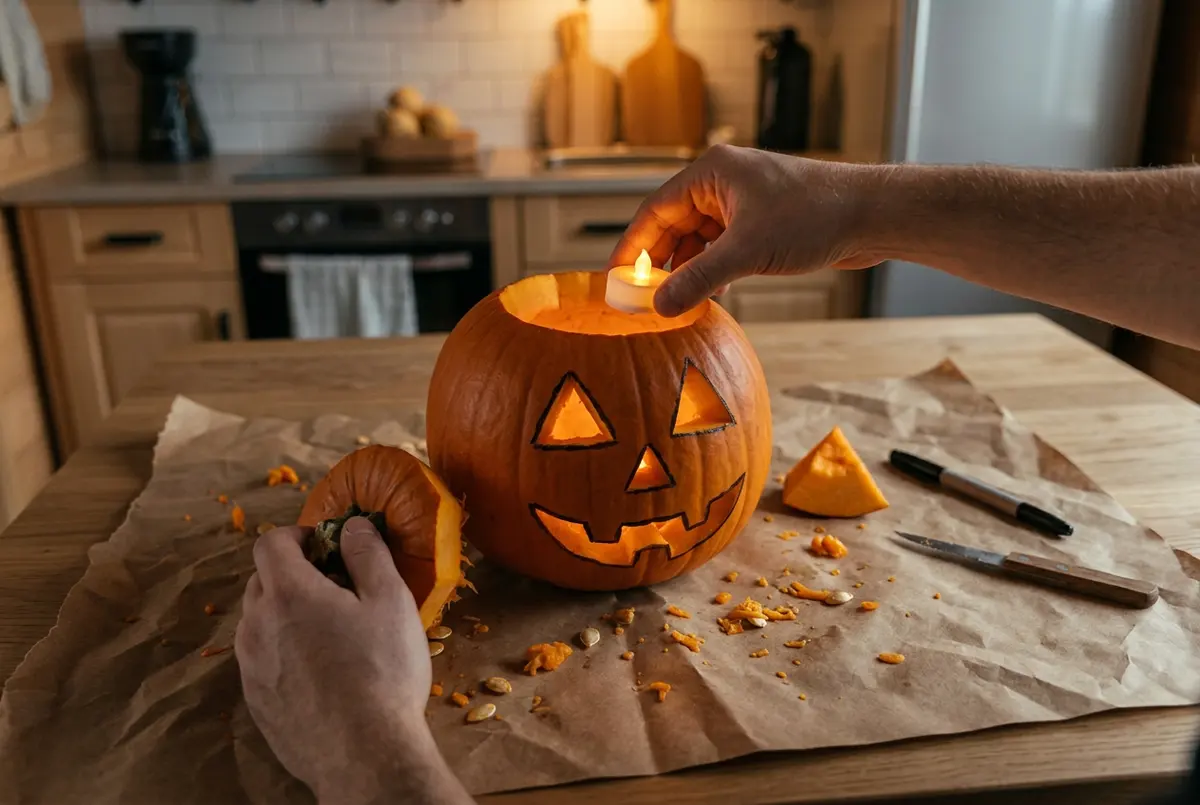 A hand lowers a small glowing tealight into the opening of a carved jack-o'-lantern while the other hand holds the lid with its stem