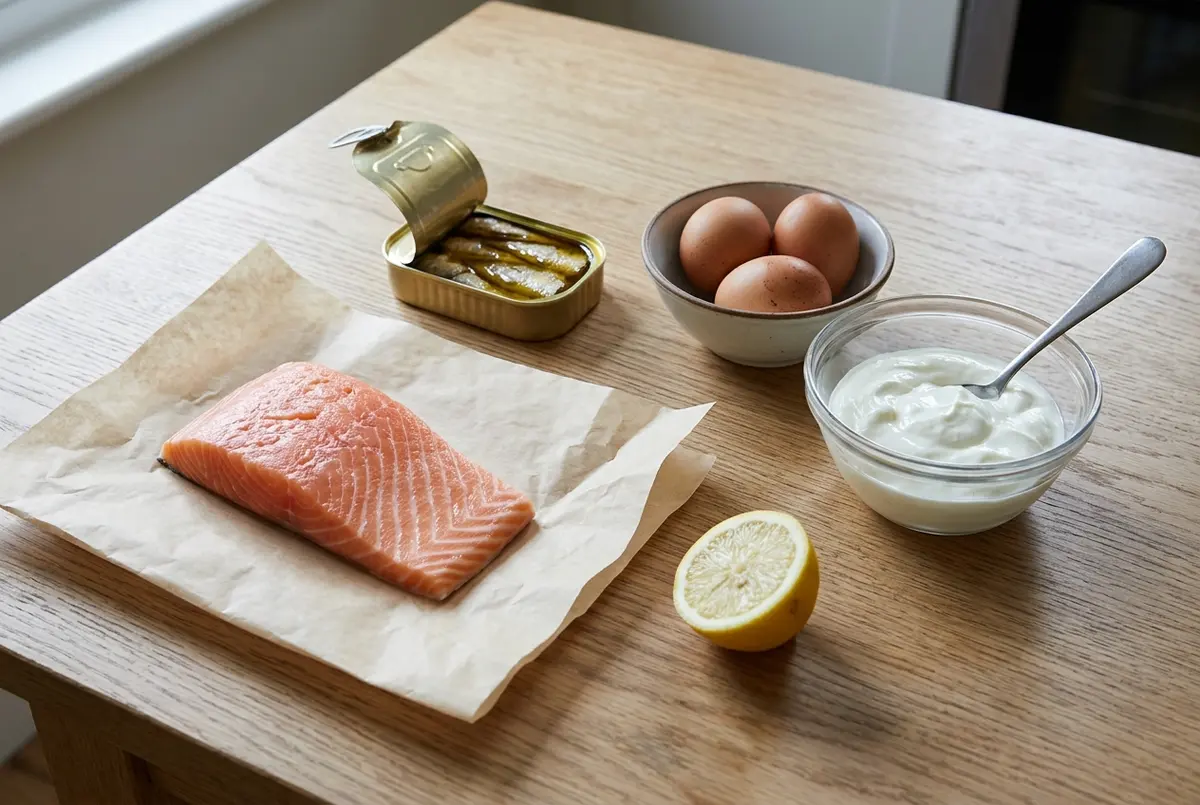 Raw salmon fillet on baking paper, an open tin of sardines, three brown eggs in a bowl, thick yogurt in a glass bowl and half a lemon on oak