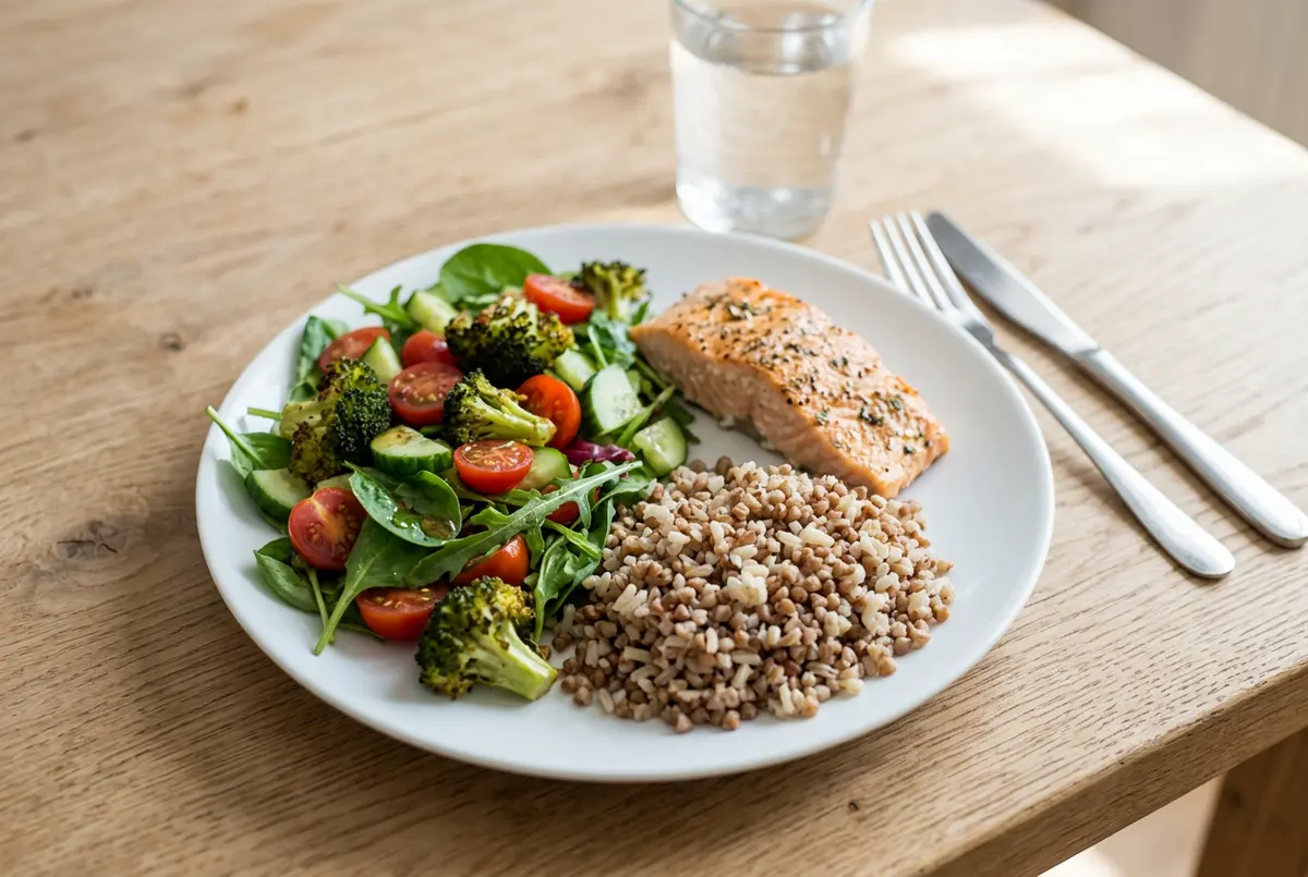 White plate with spinach, tomato, cucumber and broccoli salad on one half, baked salmon and buckwheat with rice on the other, a glass of water
