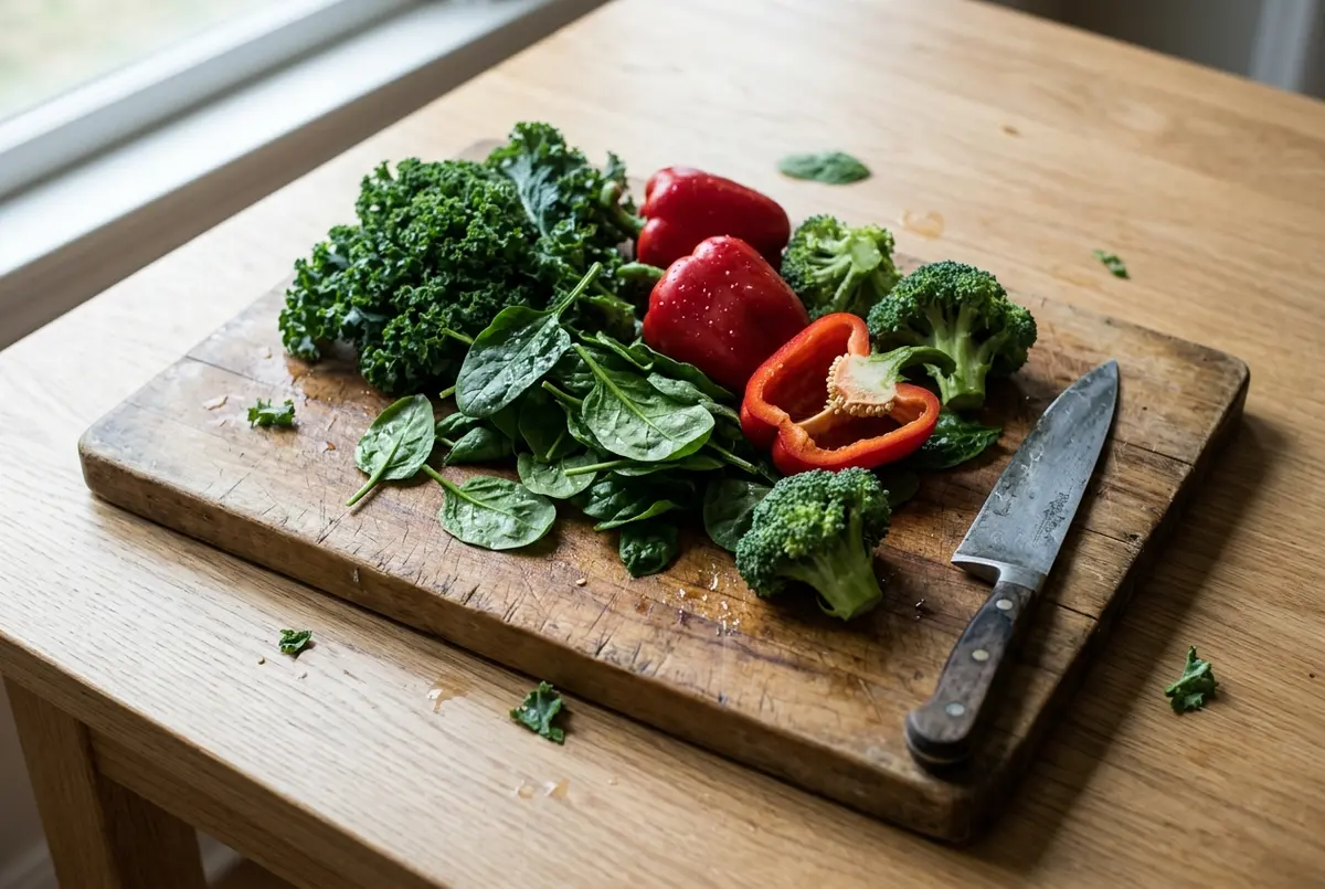 Kale, spinach leaves, two whole red peppers, a halved red pepper and broccoli florets on a worn wooden chopping board with a chef's knife