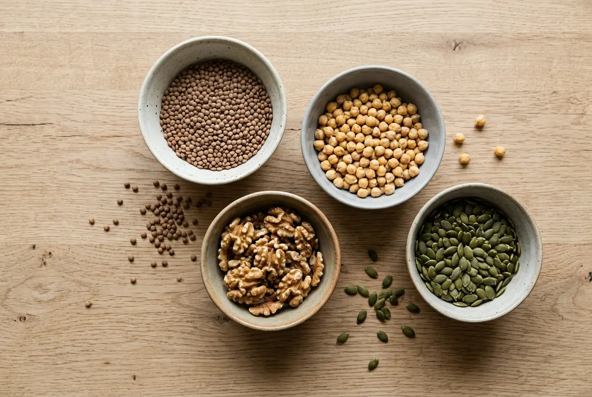 Four ceramic bowls of brown lentils, chickpeas, walnut halves and green pumpkin seeds on a light oak table, with a few lentils and seeds scattered around them