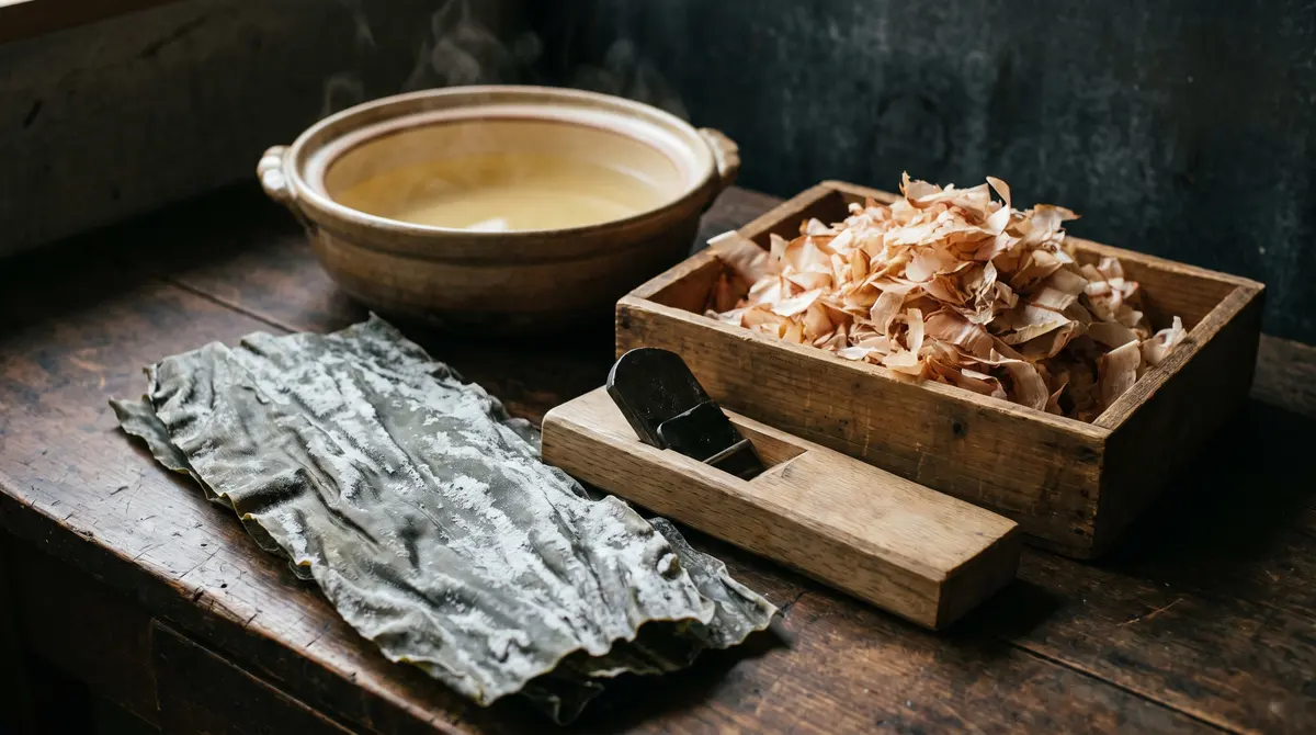 Dried kombu kelp, a box of paper-thin katsuobushi flakes with a shaving plane, and an earthenware pot of clear dashi on a dark wooden counter