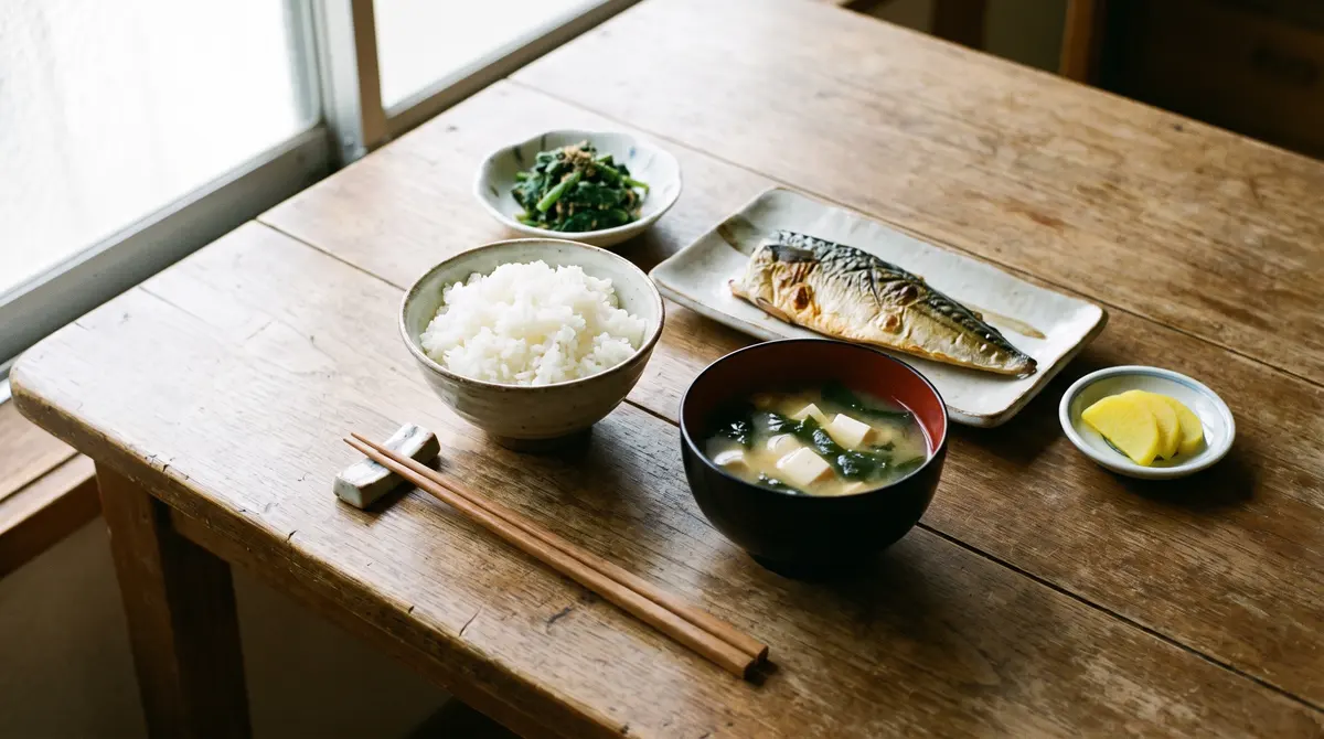 A Japanese home meal on a wooden table: white rice, miso soup in a lacquer bowl, grilled mackerel, spinach with sesame dressing and yellow pickles