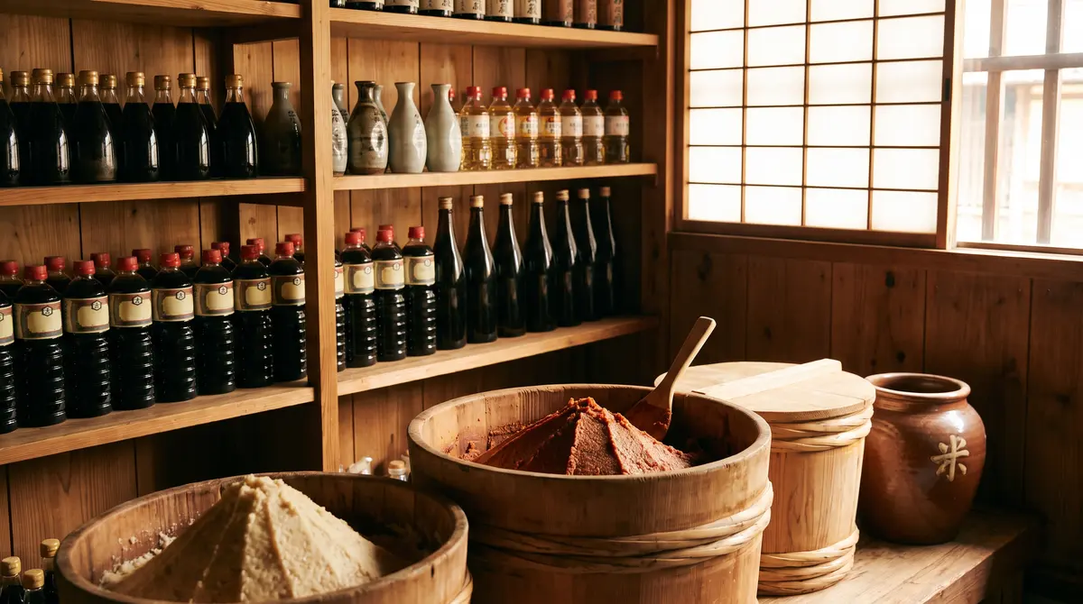 Cedar shelves of a traditional Japanese seasoning shop with dark soy sauce bottles, open tubs of red and pale miso, and flasks of mirin and cooking sake