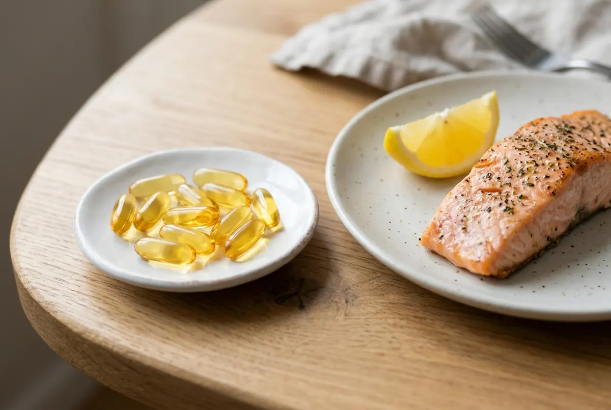 Golden fish oil capsules on a small saucer next to a baked salmon fillet with a lemon wedge