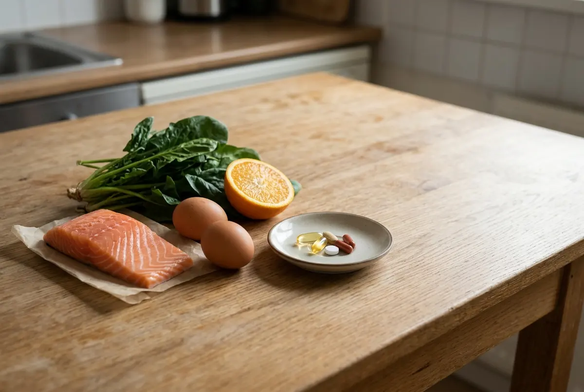 Raw salmon fillet, a bunch of spinach, two eggs and half an orange on a wooden kitchen table next to a small dish of unmarked capsules and tablets