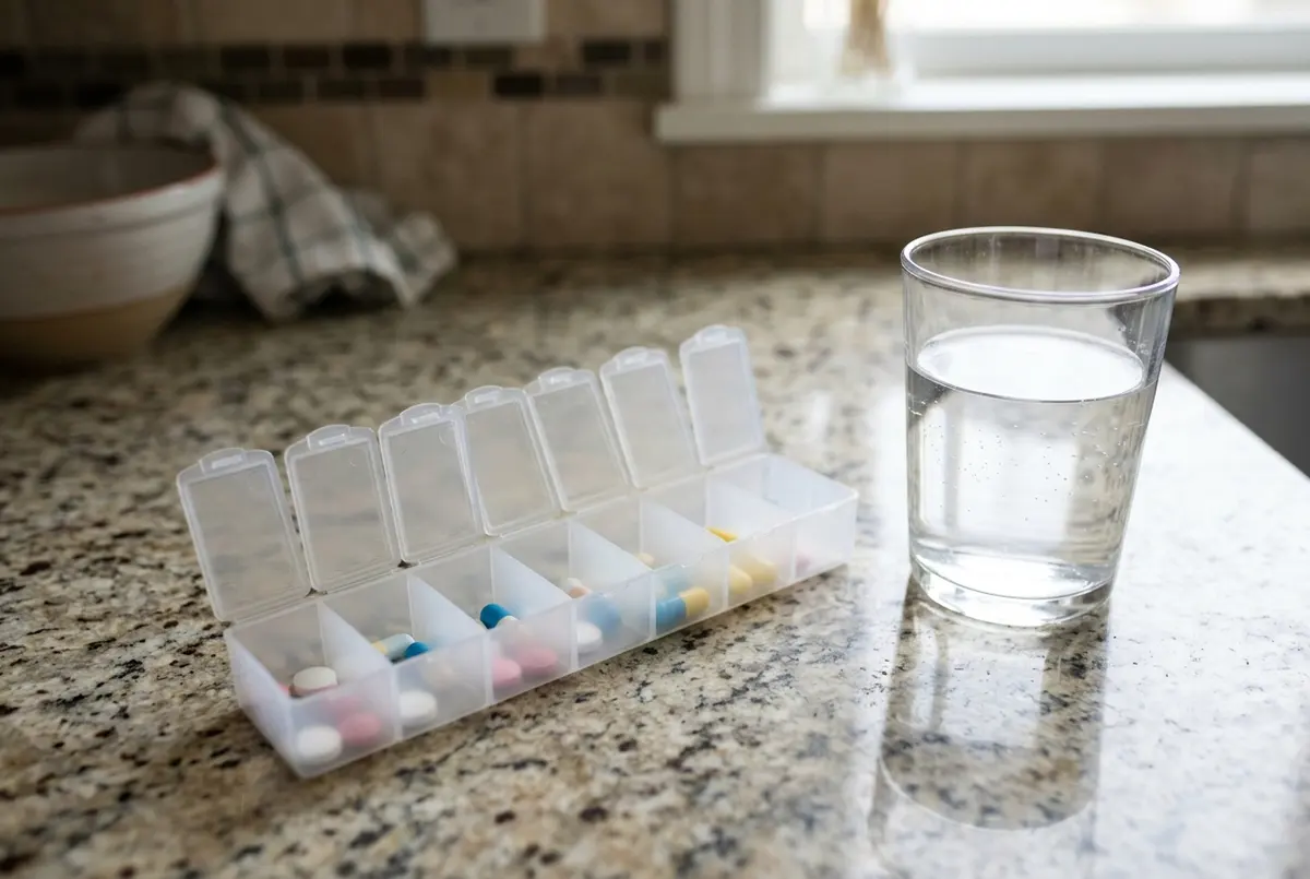 Open seven-day pill organizer with a few tablets and capsules next to a glass of water on a granite kitchen counter