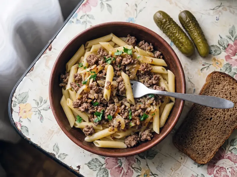 Makarony po-flotski (pasta russa alla marinara)